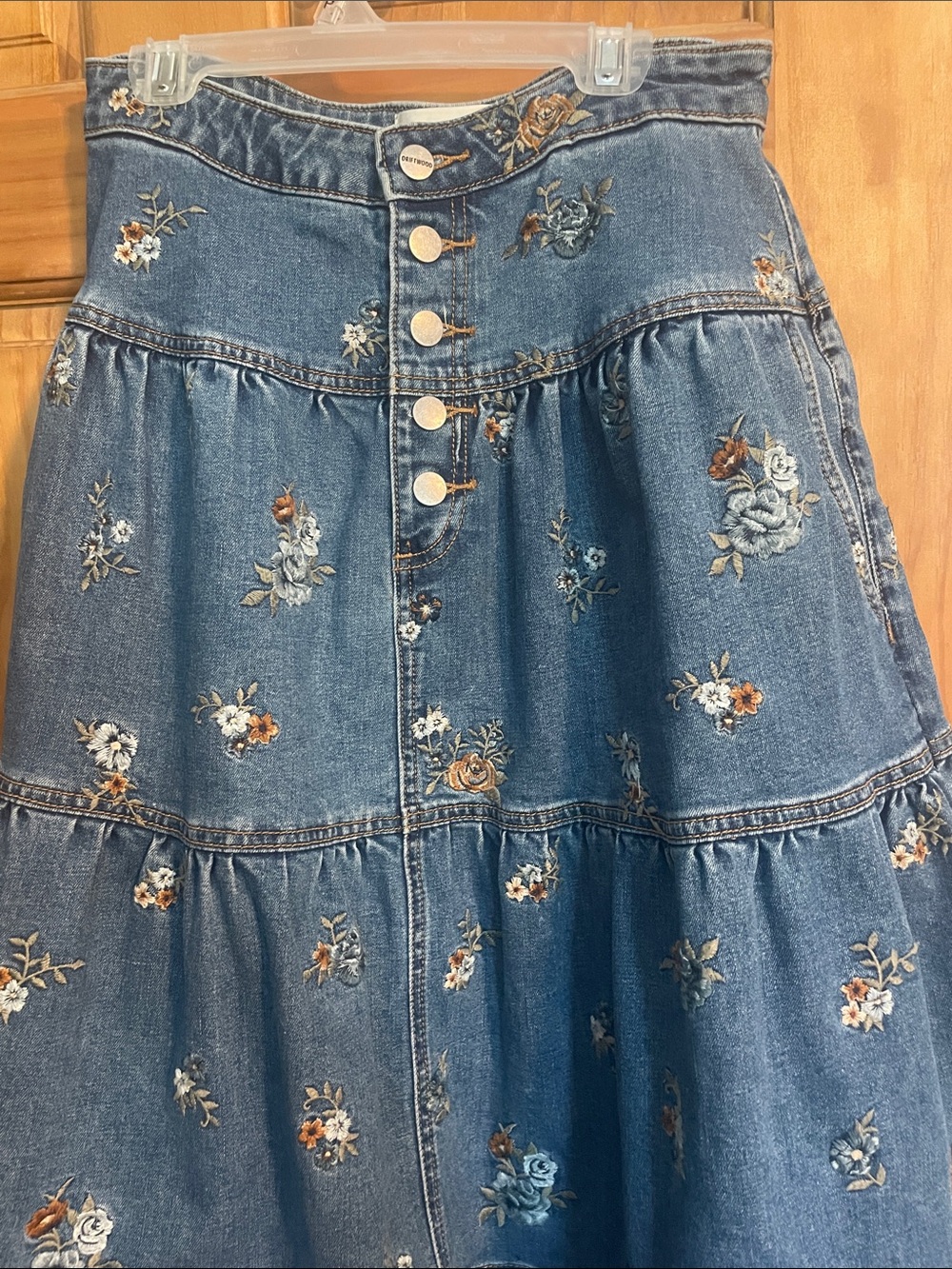 DRIFTWOOD Blue Embroidered Tiered Denim Maxi Skirt - Picture 3 of 10